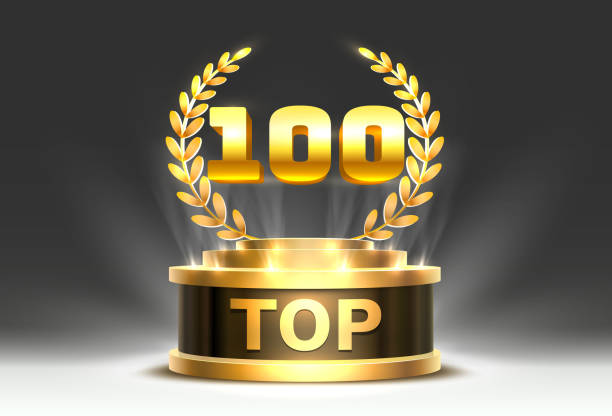 Top 100 best podium award sign, golden object. Vector illustration