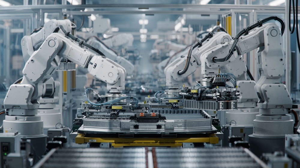 Row,Of,White,Robotic,Arms,At,Modern,Factory.,Lithium-ion,Ev