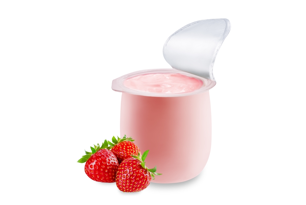 Yogurt,In,A,Plastic,Cup,With,A,Strawberry,On,A