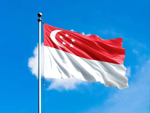 Singapore,Flag,Flying,On,Blur,Blue,Clouds,Background.