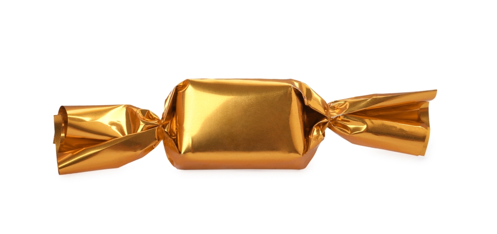 glossy packaging of a candy treated with overprint varnish